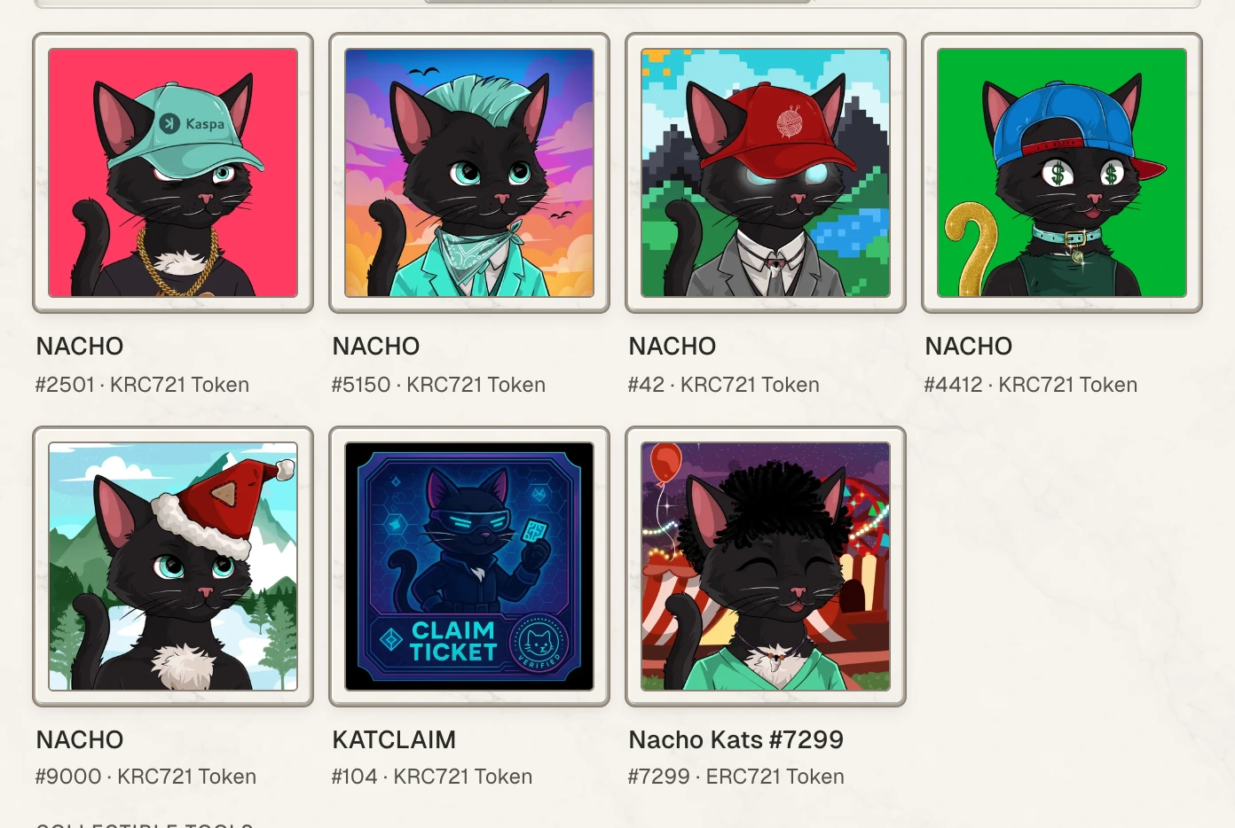 The Enclave Collectibles gallery showing Nacho Kats KRC-721 pieces and an Igra ERC-721 collectible