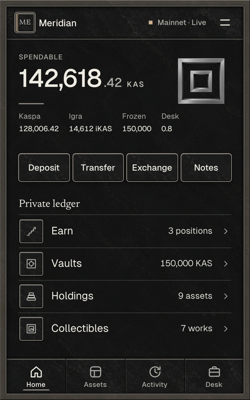 The compact Enclave sidebar in the Midnight appearance, showing the spendable balance and private ledger