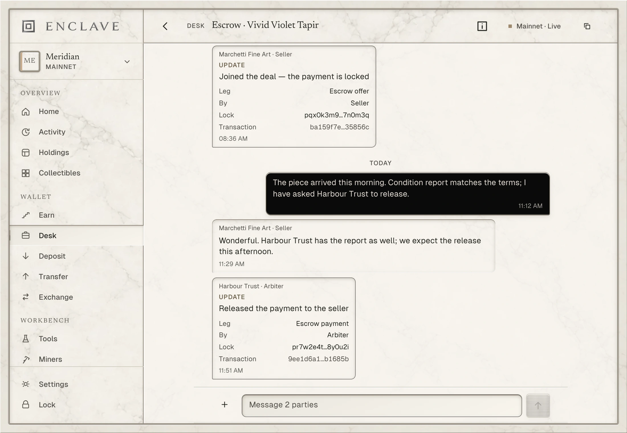 Enclave Deal Desk showing a settled escrow room with encrypted messages and status cards