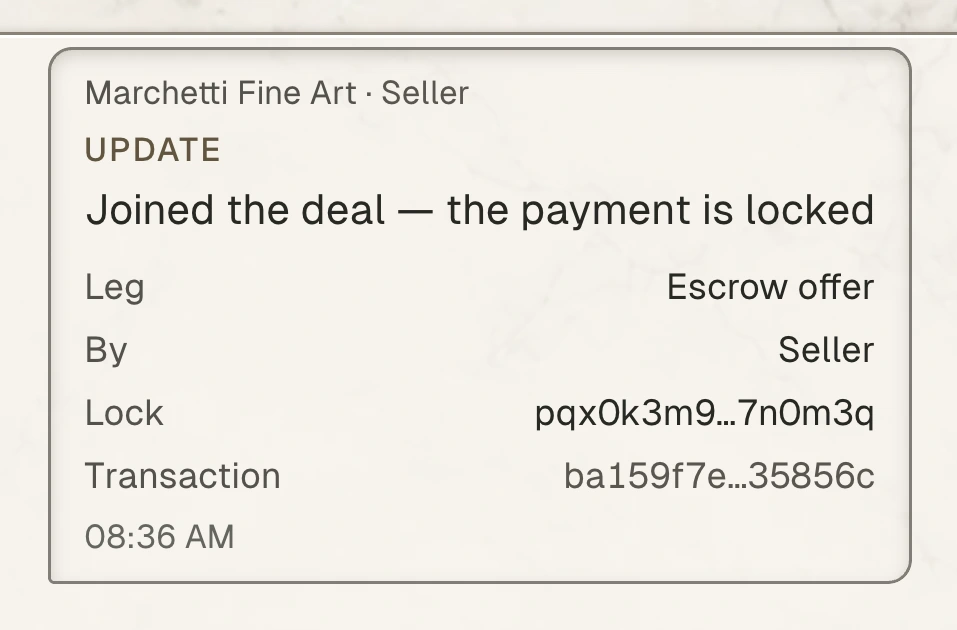 Deal Desk status card reporting that the seller joined the escrow deal and the payment is locked