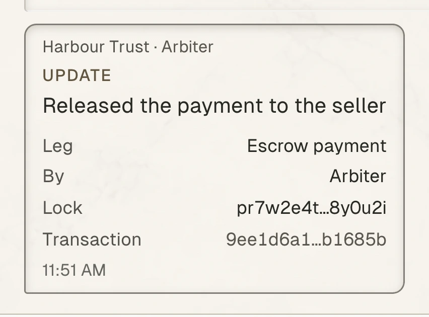 Deal Desk status card reporting that the arbiter released the escrow payment to the seller