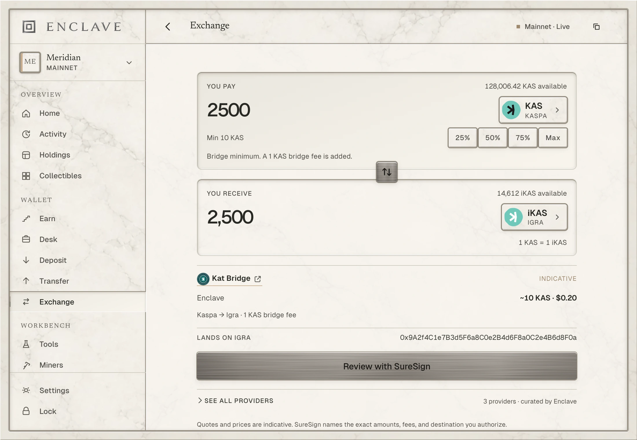 Enclave Exchange quoting 2,500 KAS to iKAS through the named Kat Bridge route, with the Igra destination and fee shown before review.