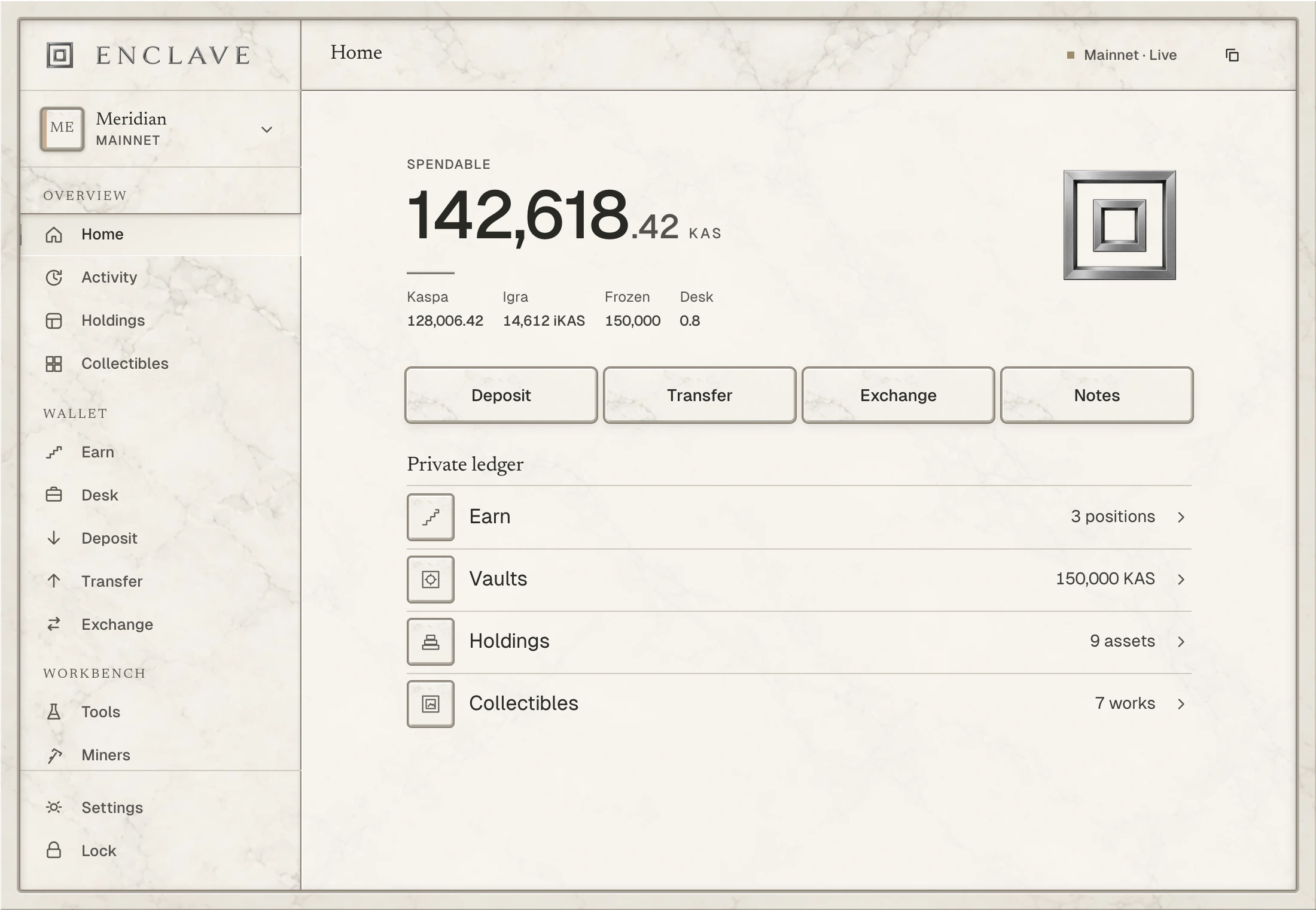 Enclave Studio Home showing the spendable balance across Kaspa and Igra and the private ledger