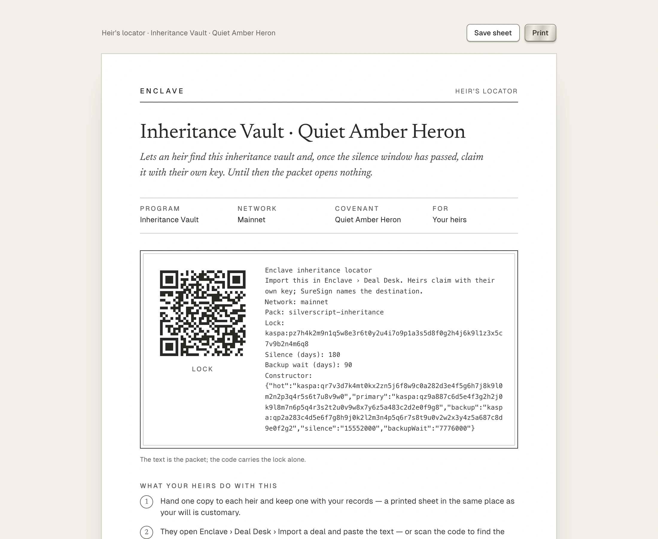 A printed heir’s locator for an Inheritance Vault, with the lock QR code and packet text