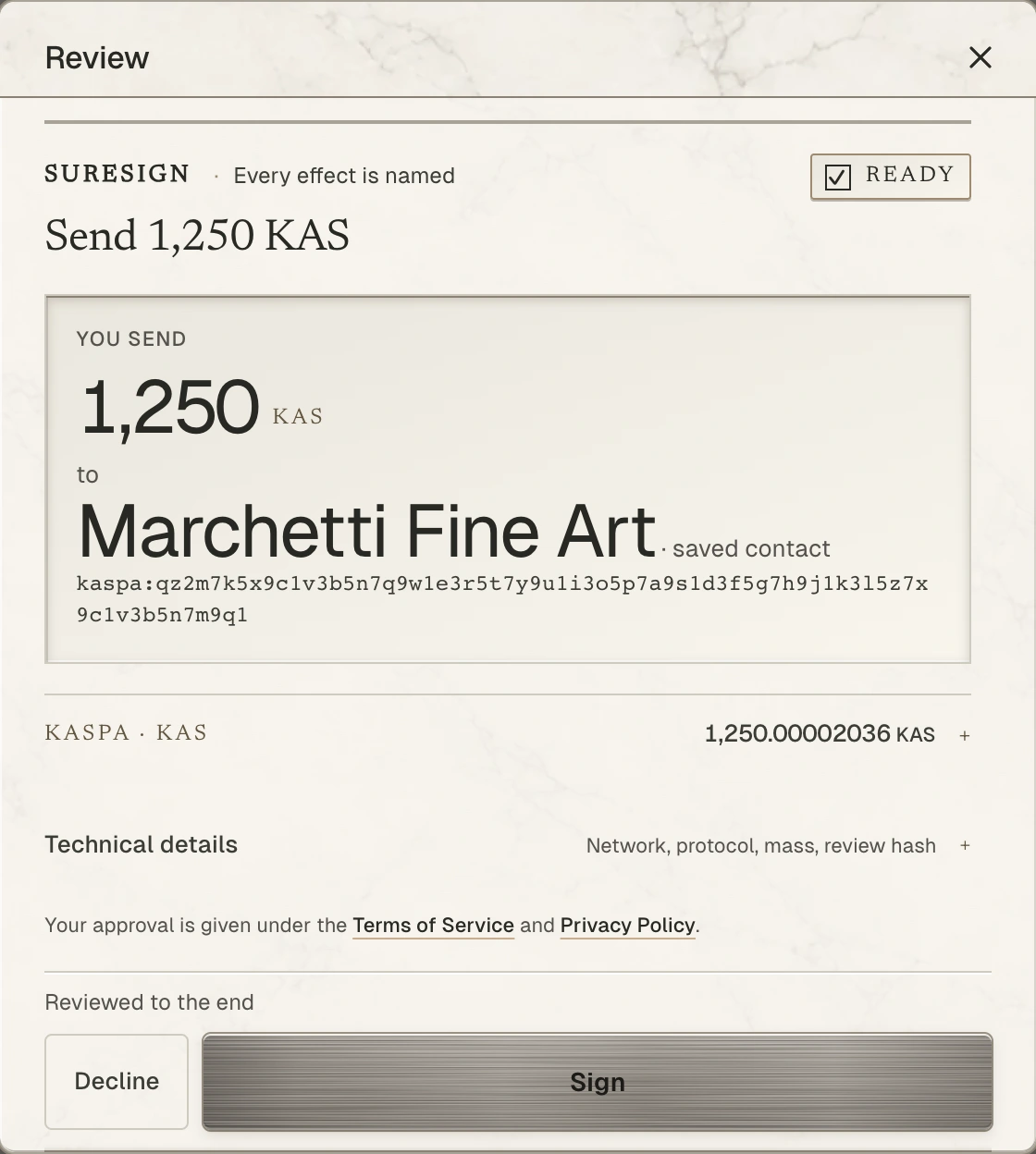 SureSign review for an example 1,250 KAS transaction